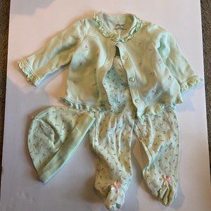Little Me girl's footed PJ pajamas green w/ rosebud print hat top pants 9 month